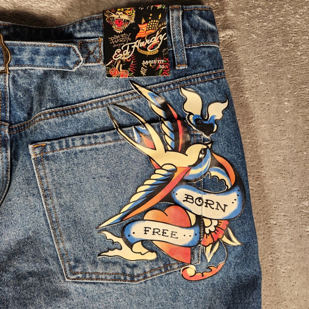 ED HARDY Women's Size 32 Blue Wide Leg Jeans Tattoo Print Embellished WEHD8500-2 - Picture 14 of 15